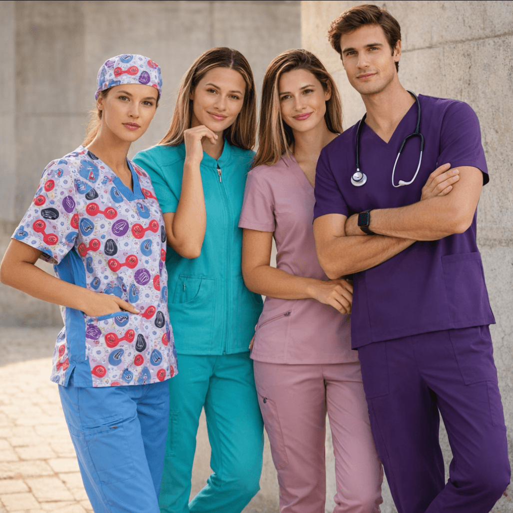 Equipo sanitario con uniformes profesionales
