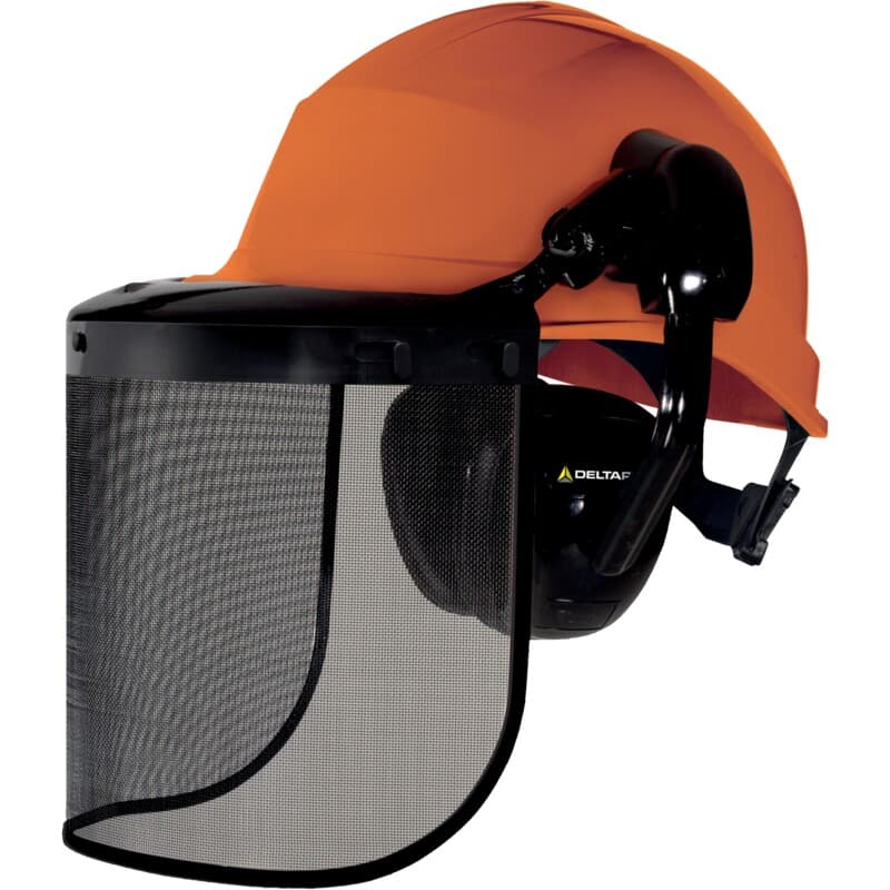 Casco de obra ideal para aplicaciones de desbroce gracias a su visera de malla protectora y a su carcasa antirruido