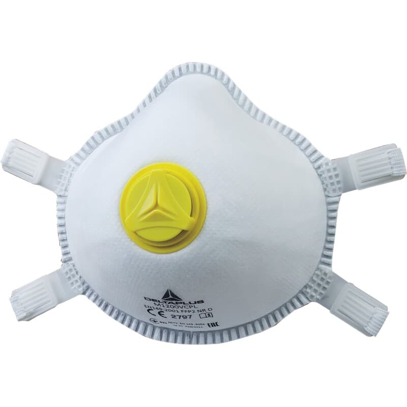 Mascarilla respiratoria desechable carcasa P2 con válvula y bridas largas ajustables para un mejor ajuste