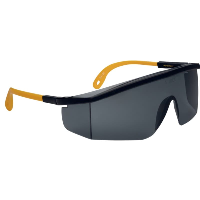 Gafas de protección ahumadas de una sola pieza con protecciones laterales, perfectas para aplicaciones en laboratorio