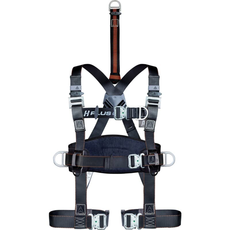 Arnés con cinturón de diseño ergonómico con cordino extensible para facilitar la evacuación en espacios reducidos