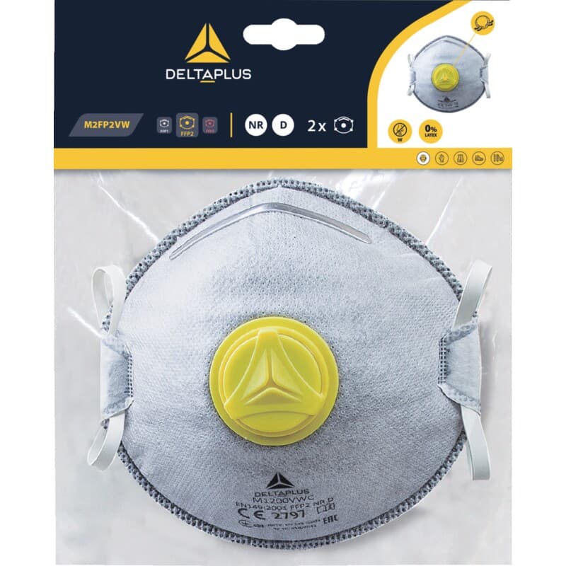 Mascarilla respiratoria desechable carcasa P2 antiolores con válvula, bolsa de 2