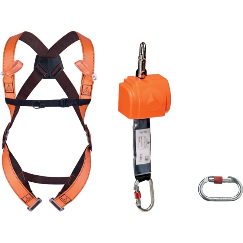 Kit anticaídas con arnés de correas bicolores y anticaídas retráctil para trayectos cortos