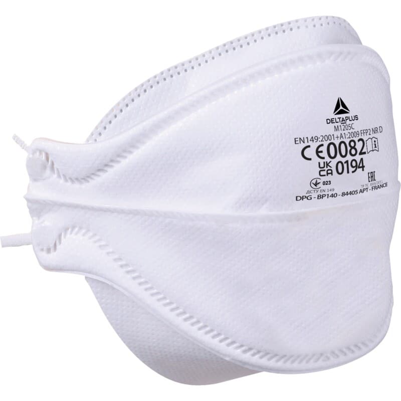 Caja de 20 mascarillas filtrantes FFP2 de fibra sintética no tejida. Mascarilla plegable de 4 pestañas para todo tipo de caras. Puente nasal ajustable con refuerzo de espuma en los bordes