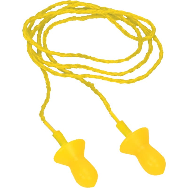 Blíster de 10 pares de tapones auditivos reutilizables de silicona con cordón textil. Utilizables con o sin cordón (9 pares + 1 par en caja de almacenamiento)