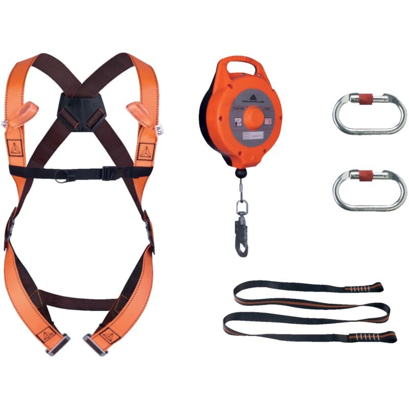 Kit anticaídas específico para trabajos verticales, con anticaídas retráctiles, elemento de amarre y punto de anclaje