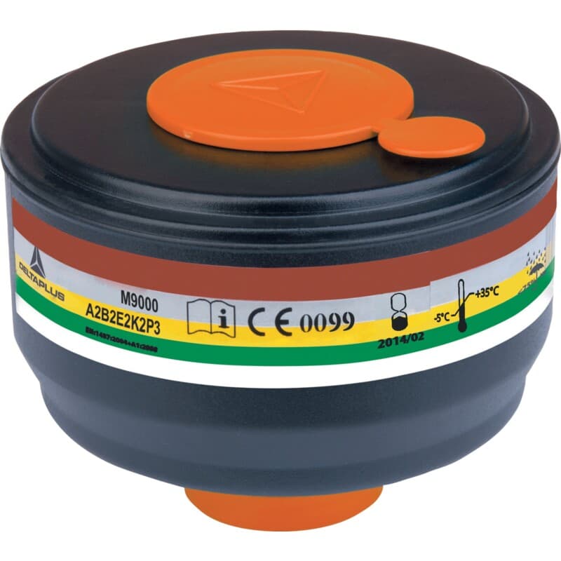 Caja de 4 cartuchos filtrantes A2B2E2K2P3 para máscaras completas M9200 ROTOR GALAXY y M9300 STRAP GALAXY. Tapones resellables para reutilizar el cartucho tras su uso y prolongar su vida útil. Sistema de fijación universal DIN40