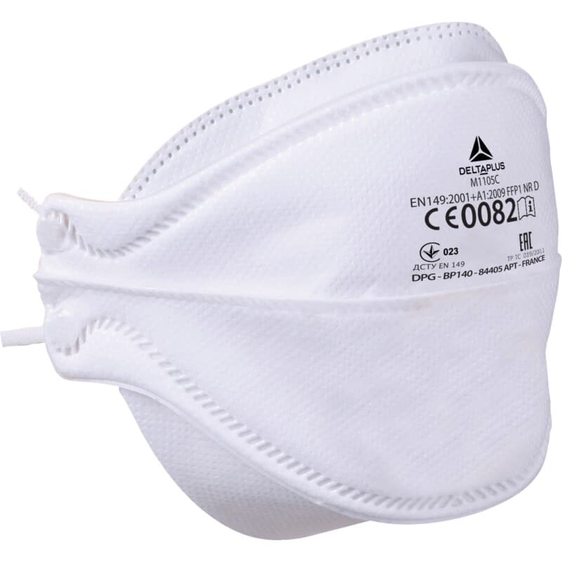 Caja de 20 mascarillas filtrantes FFP1 de fibra sintética no tejida. Mascarilla plegable de 4 pestañas para todo tipo de caras. Puente nasal con refuerzo de espuma en los bordes