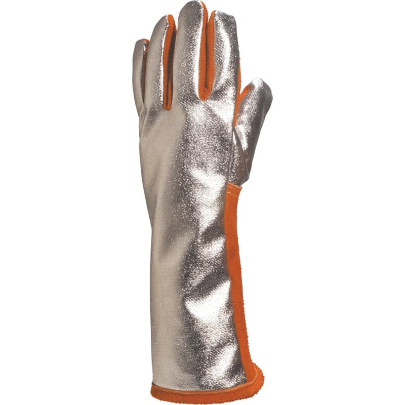 Guantes térmicos de cuero aluminizado que protegen contra el calor extremo, ideales para trabajos en la industria pesada