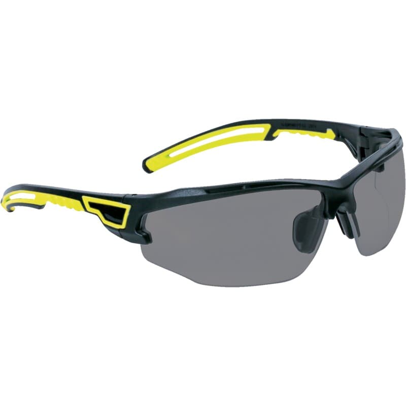 Gafas de protección ahumadas con puente nasal ajustable y patillas bimaterial para mayor comodidad
