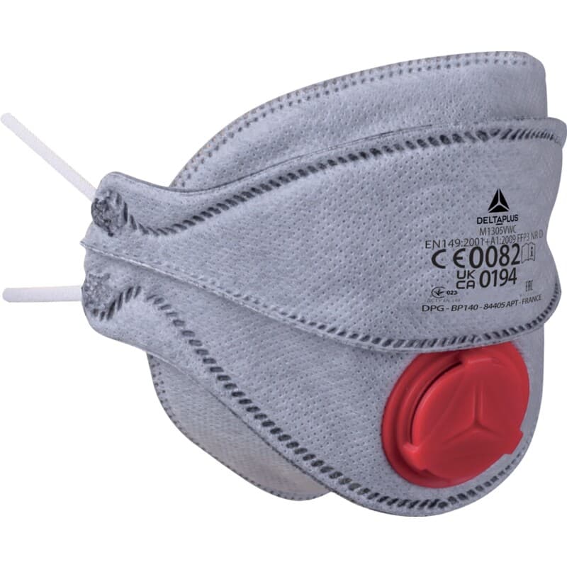 Caja de 10 mascarillas filtrantes FFP3 (válvula) con carbón activado para la protección contra olores nocivos (por ejemplo, humos de soldadura). Mascarilla plegable de 4 pestañas para todo tipo de caras