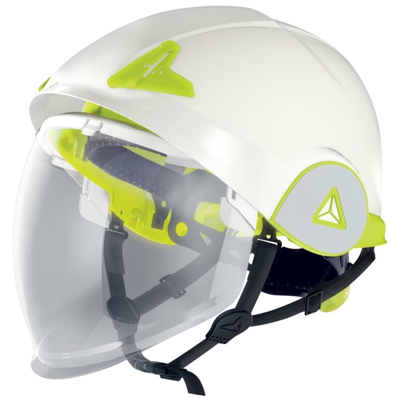 Casco de obra de doble carcasa, equipado con visera, para protección contra arcos eléctricos y salpicaduras de metal fundido