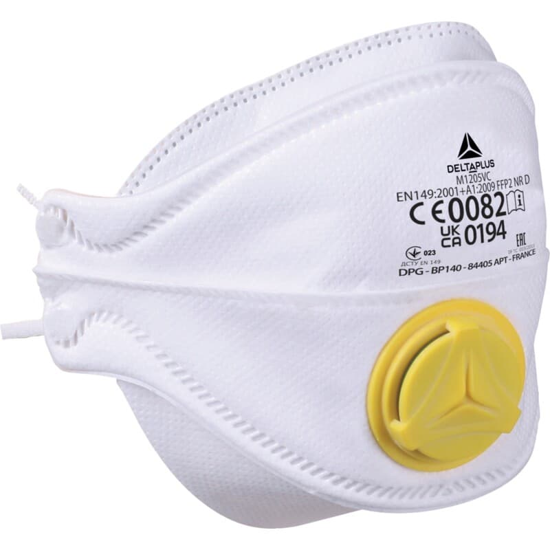 Caja de 10 mascarillas filtrantes FFP2 (válvula) de fibra sintética no tejida. Mascarilla plegable de 4 pestañas para todo tipo de caras. Puente nasal ajustable con refuerzo de espuma en los bordes