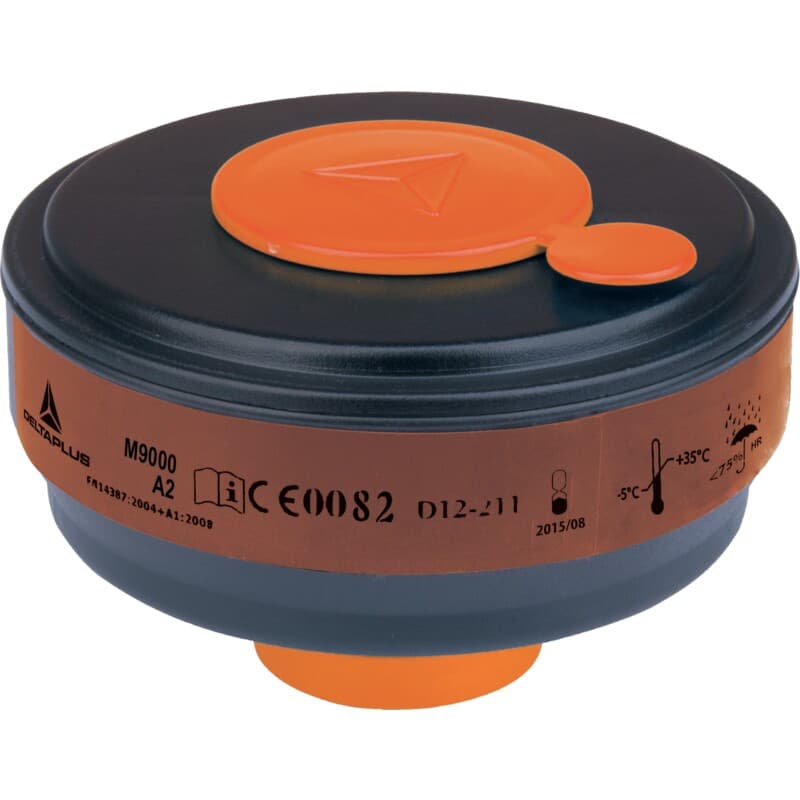 Caja de 4 cartuchos filtrantes A2 para máscaras completas M9200 ROTOR GALAXY y M9300 STRAP GALAXY. Tapones resellables para reutilizar el cartucho tras su uso y prolongar su vida útil. Sistema de fijación universal DIN40