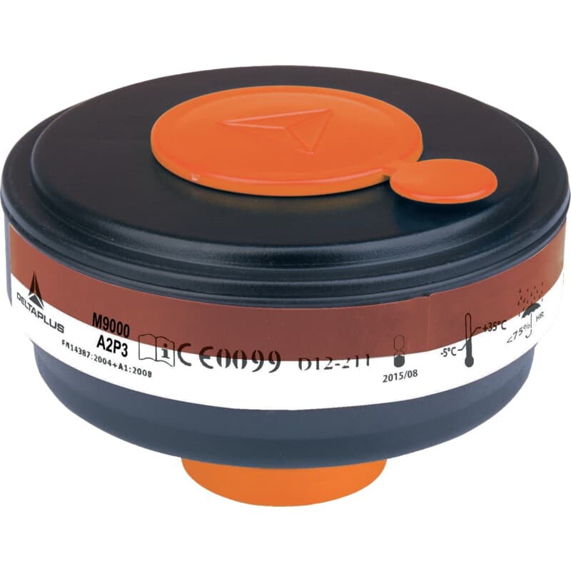 Caja de 4 cartuchos filtrantes A2P3 para máscaras completas M9200 ROTOR GALAXY y M9300 STRAP GALAXY. Tapones resellables para reutilizar el cartucho tras su uso y prolongar su vida útil. Sistema de fijación universal DIN40