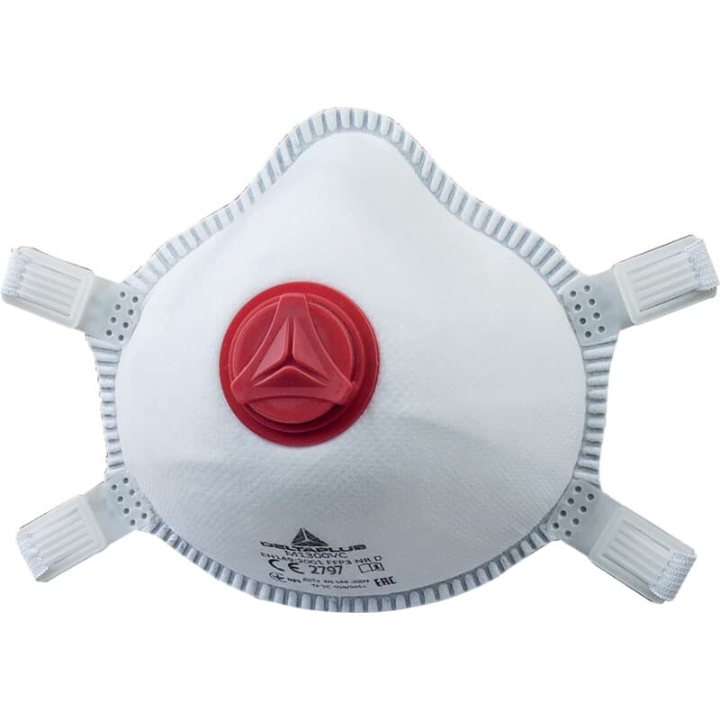 Mascarilla respiratoria desechable carcasa P3 con válvula y bridas largas ajustables para un mejor ajuste