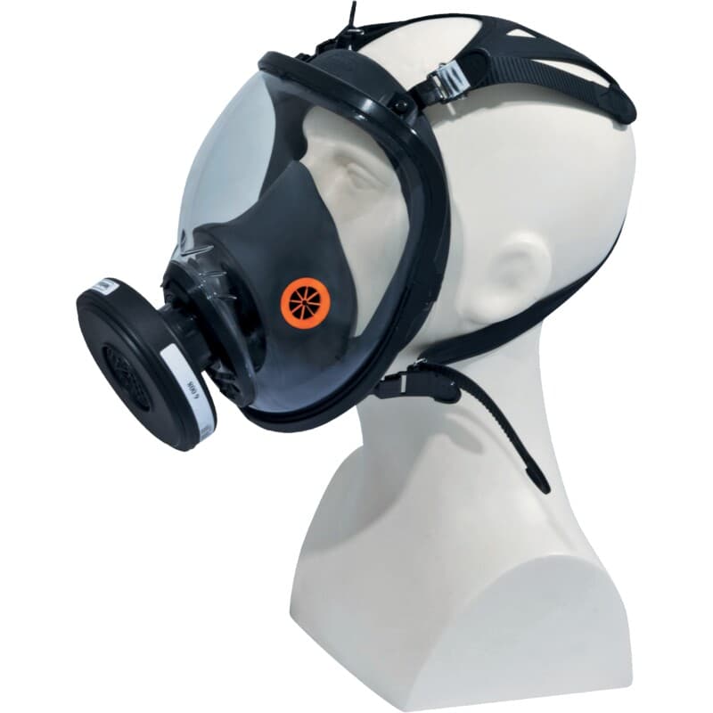 Máscara completa con visión panorámica, equipada con correas de silicona para facilitar su uso con otros EPI, específica para entornos químicos y con partículas
