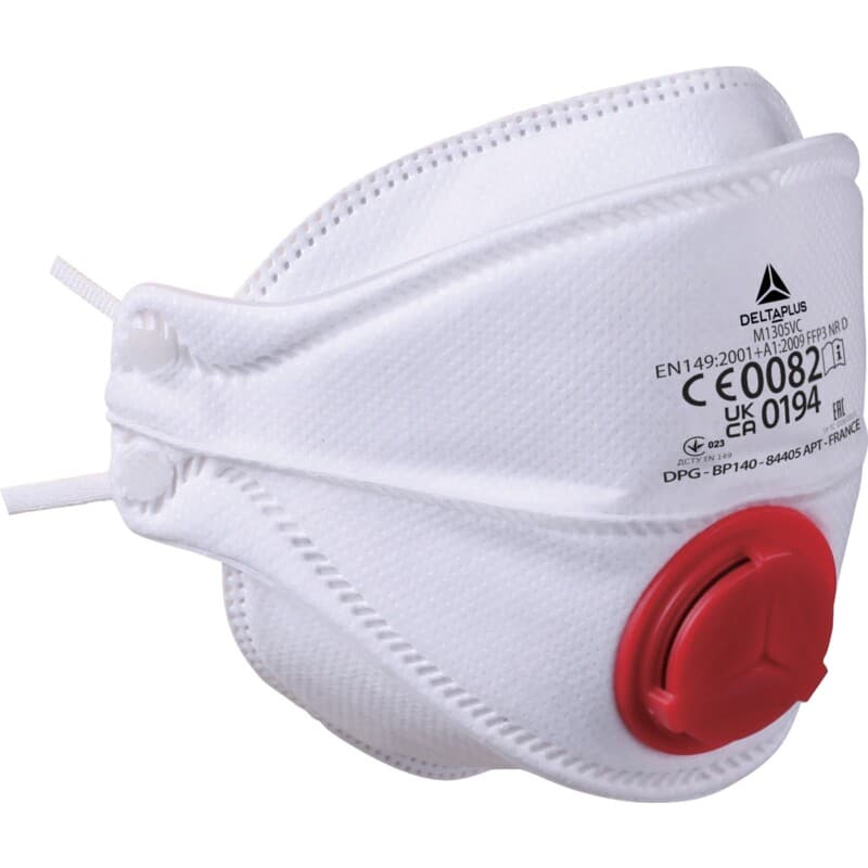 Caja de 10 mascarillas filtrantes FFP3 (válvula) de fibra sintética no tejida. Mascarilla plegable de 4 pestañas para todo tipo de caras. Puente nasal ajustable con refuerzo de espuma en los bordes