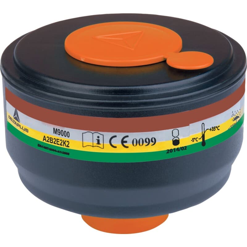 Caja de 4 cartuchos filtrantes A2B2E2K2 para máscaras completas M9200 ROTOR GALAXY y M9300 STRAP GALAXY. Tapones resellables para reutilizar el cartucho tras su uso y prolongar su vida útil. Sistema de fijación universal DIN40