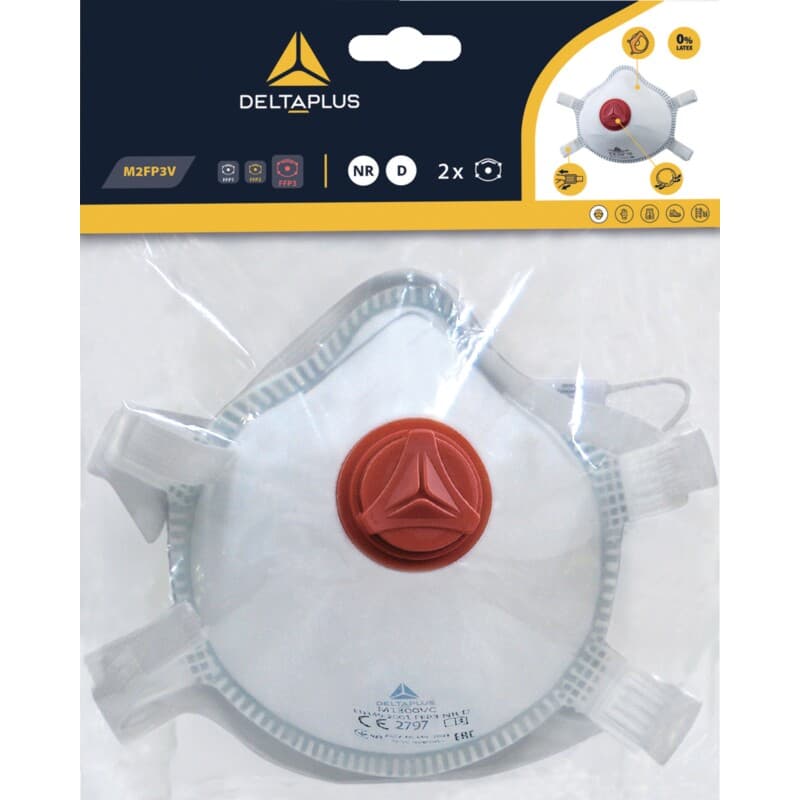 Mascarilla respiratoria desechable carcasa P3 con válvula y bridas largas ajustables para un mejor ajuste, bolsa de 2