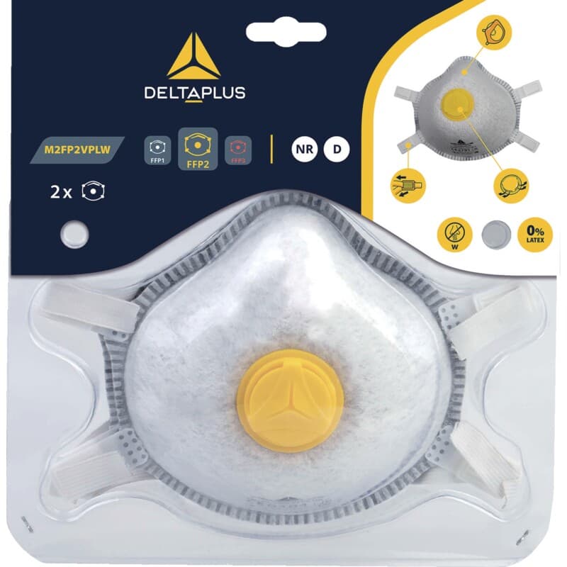 Mascarilla respiratoria desechable carcasa P2 antiolores con válvula y bridas largas ajustables para un mejor ajuste